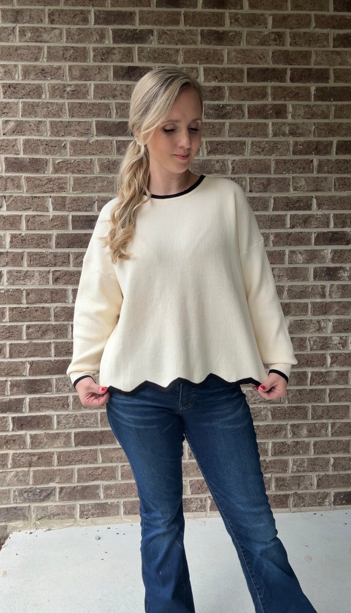 Scallop Trim Ivory Knit Sweater