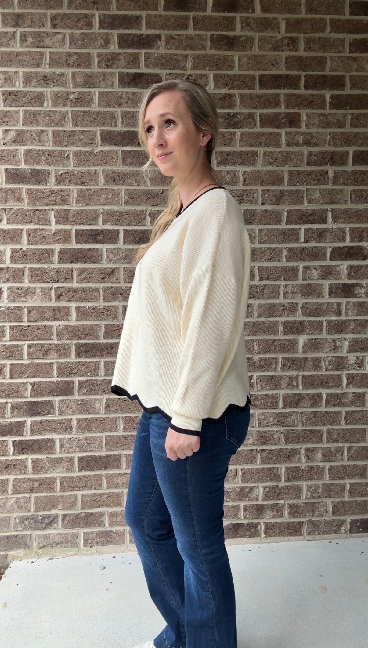 Scallop Trim Ivory Knit Sweater