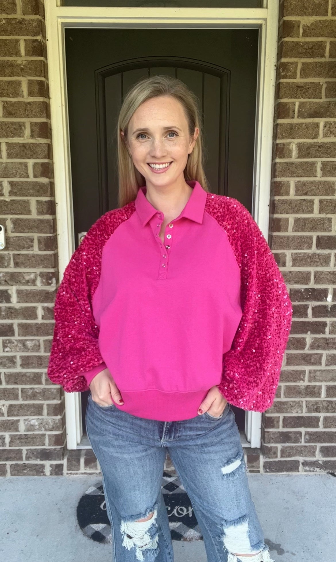 Hot Pink Sequin Sleeve Pullover