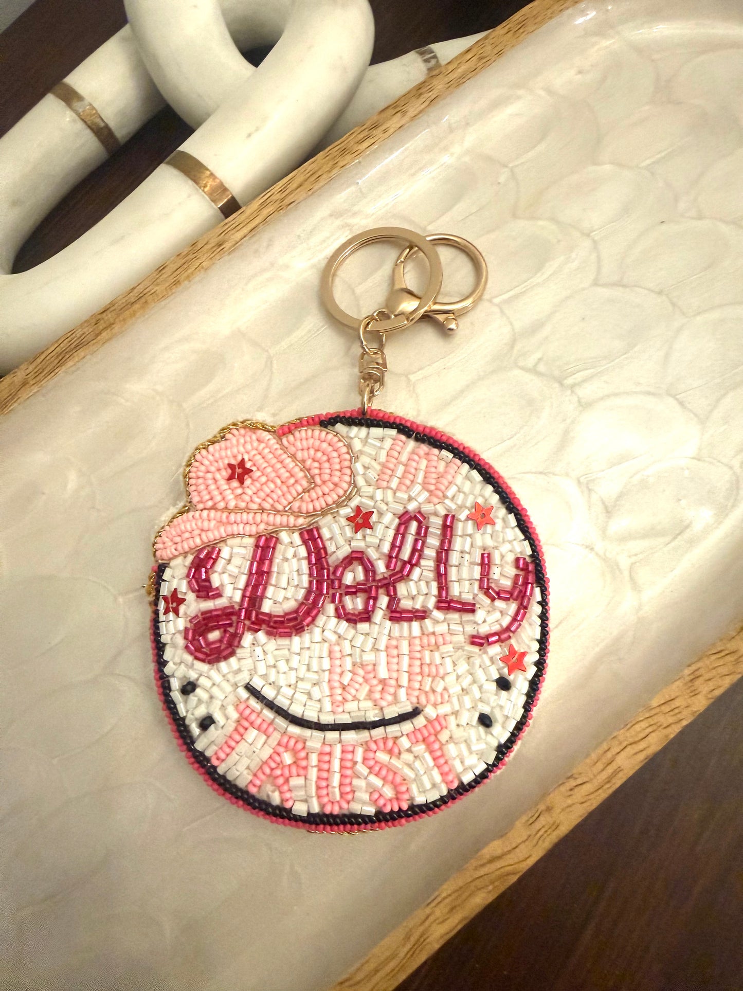 "In Dolly We Trust" Beaded Keychain
