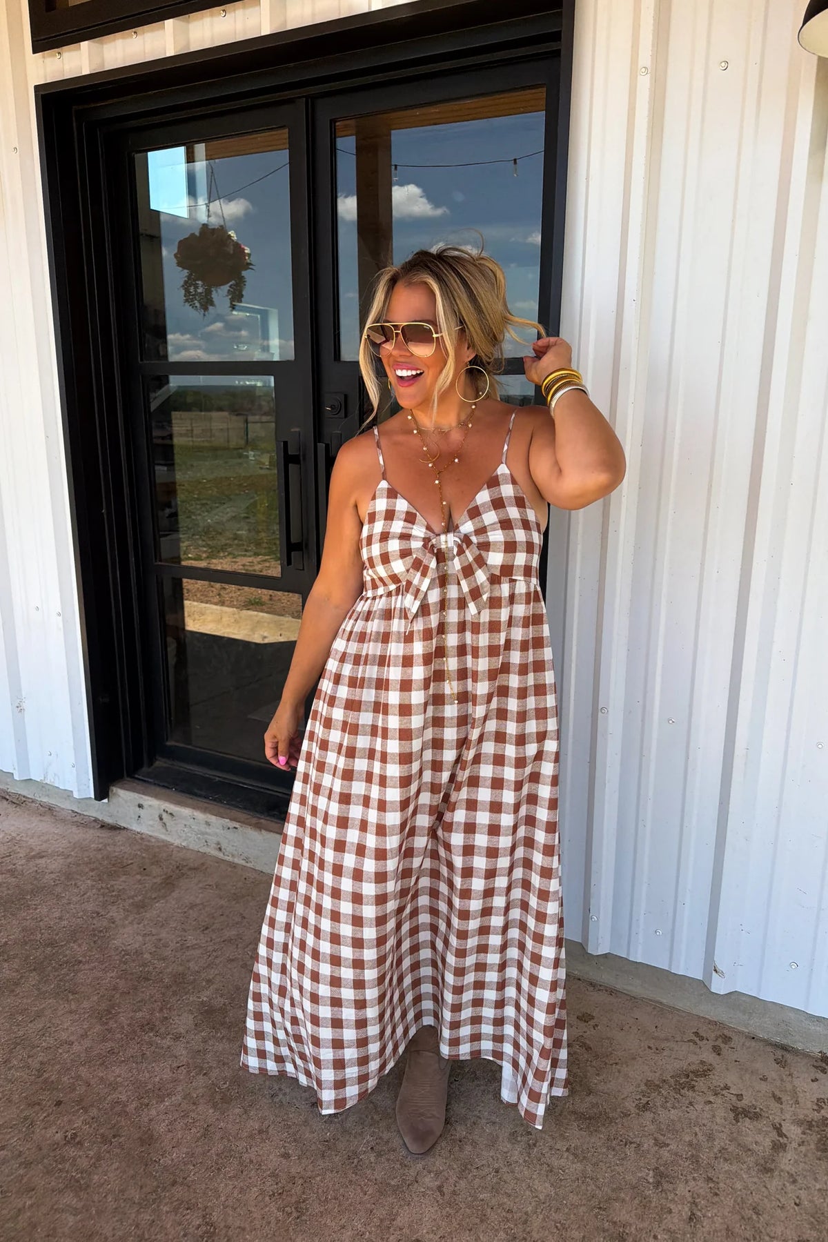Fall Charm Brown Gingham Maxi Dress