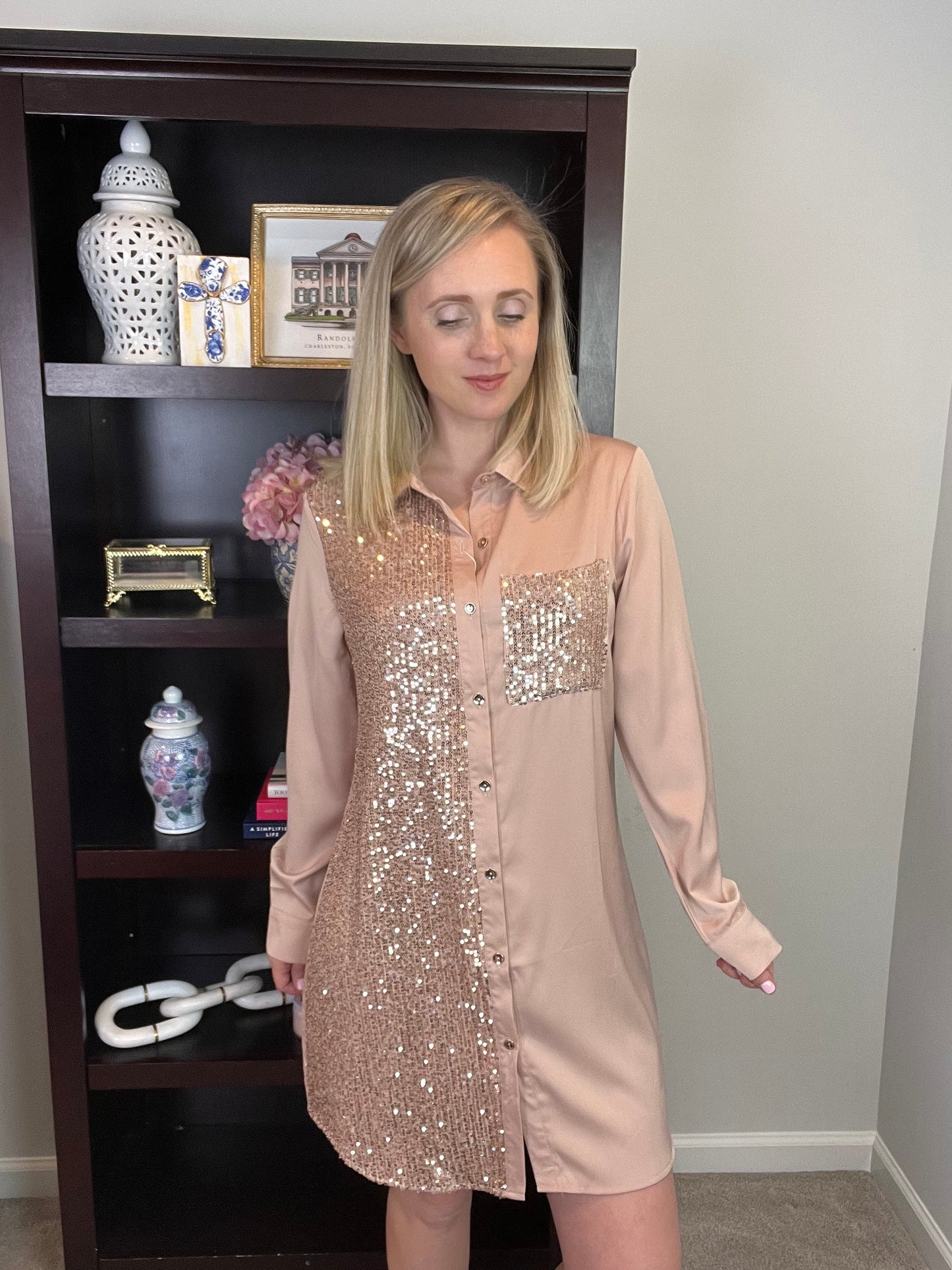 Sequin Pocket Buttoned Shirt Dress