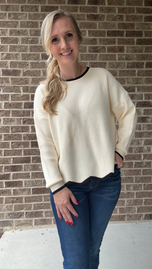 Scallop Trim Ivory Knit Sweater