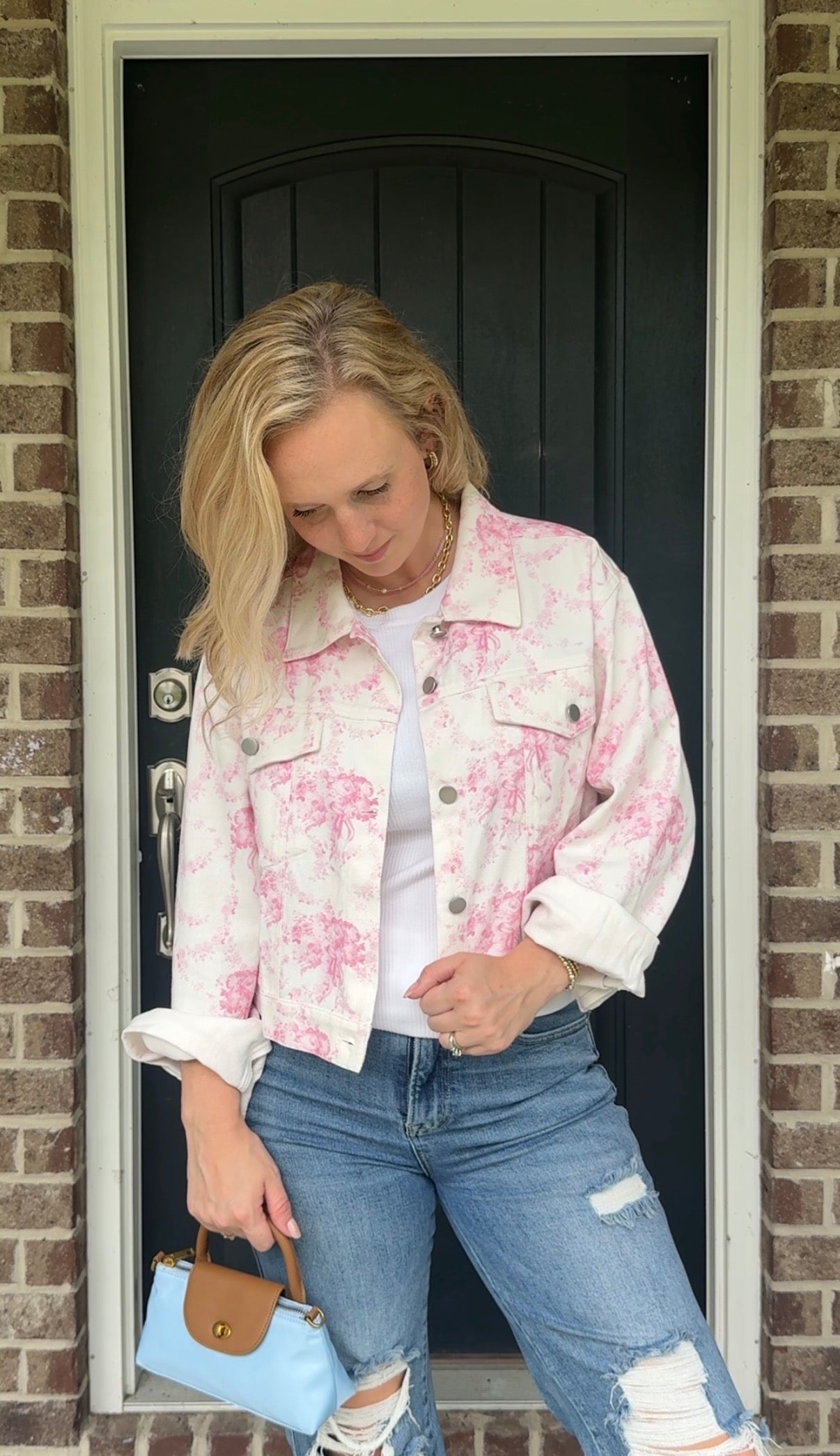 Pink Toile Cropped Denim Jacket