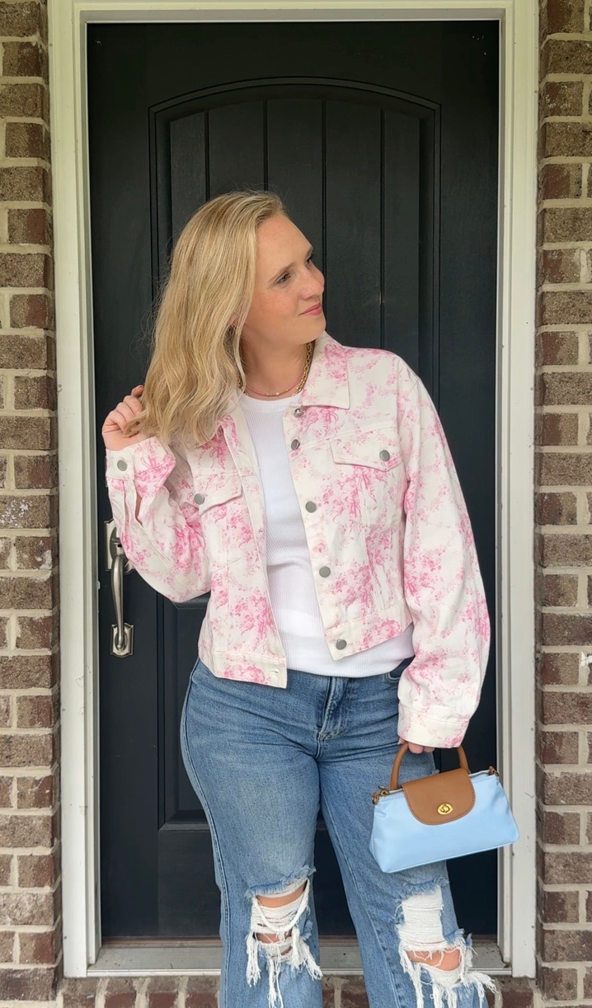 Pink Toile Cropped Denim Jacket