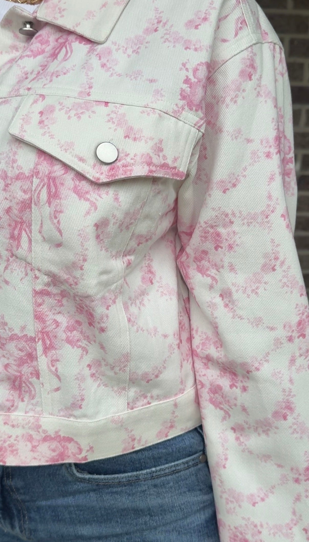 Pink Toile Cropped Denim Jacket