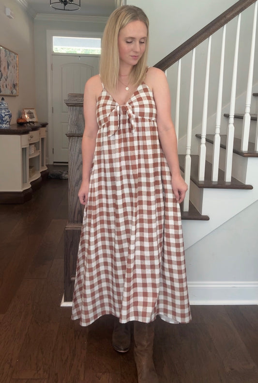 Fall Charm Brown Gingham Maxi Dress