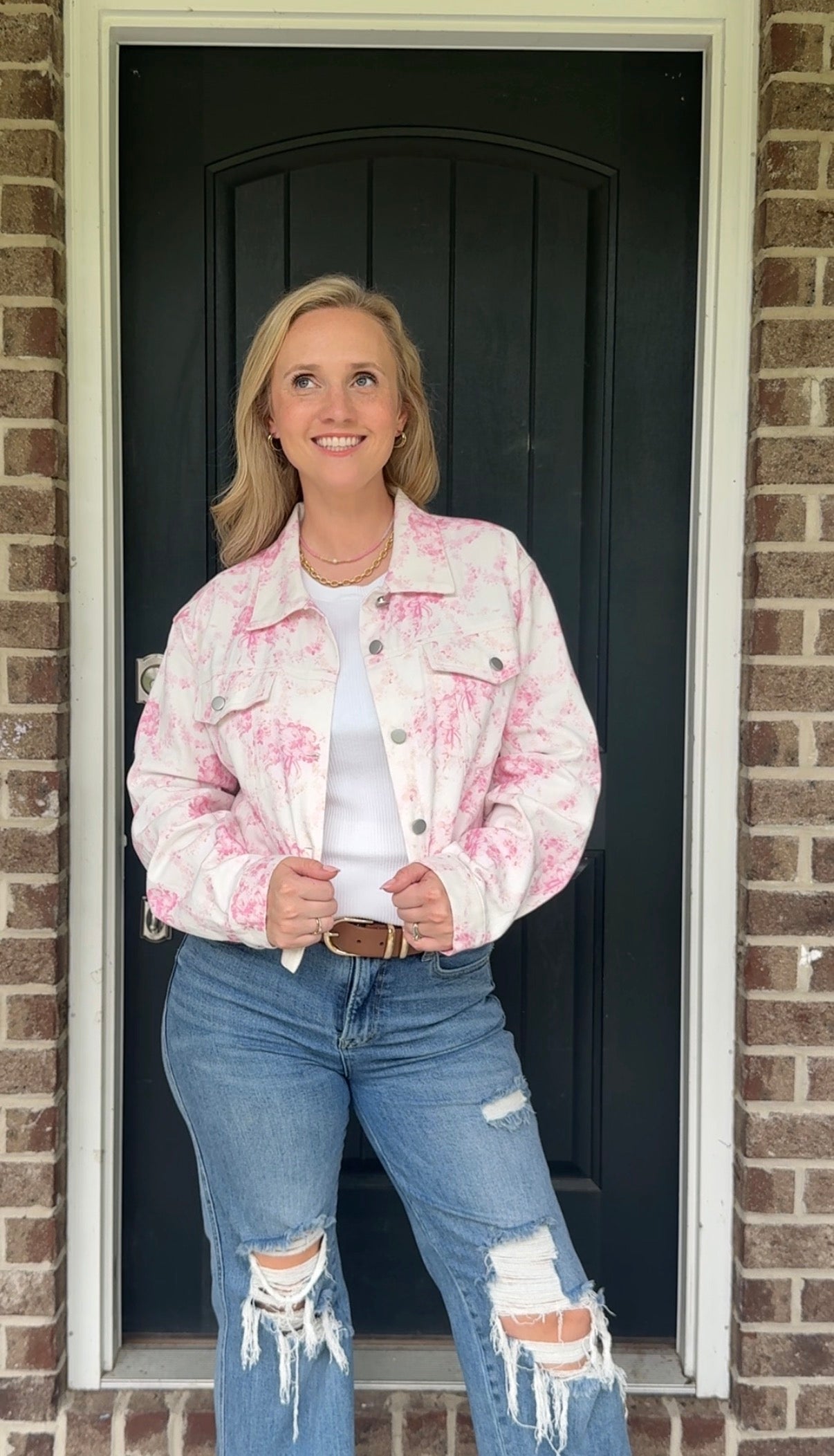 Pink Toile Cropped Denim Jacket